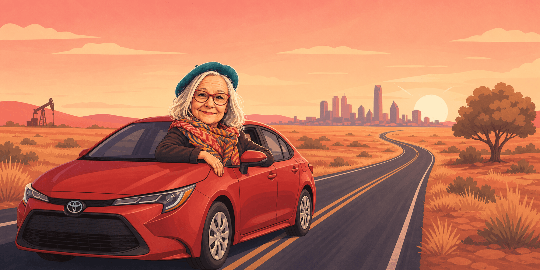 Carlene beside a red Corolla on the road toward Oklahoma City
